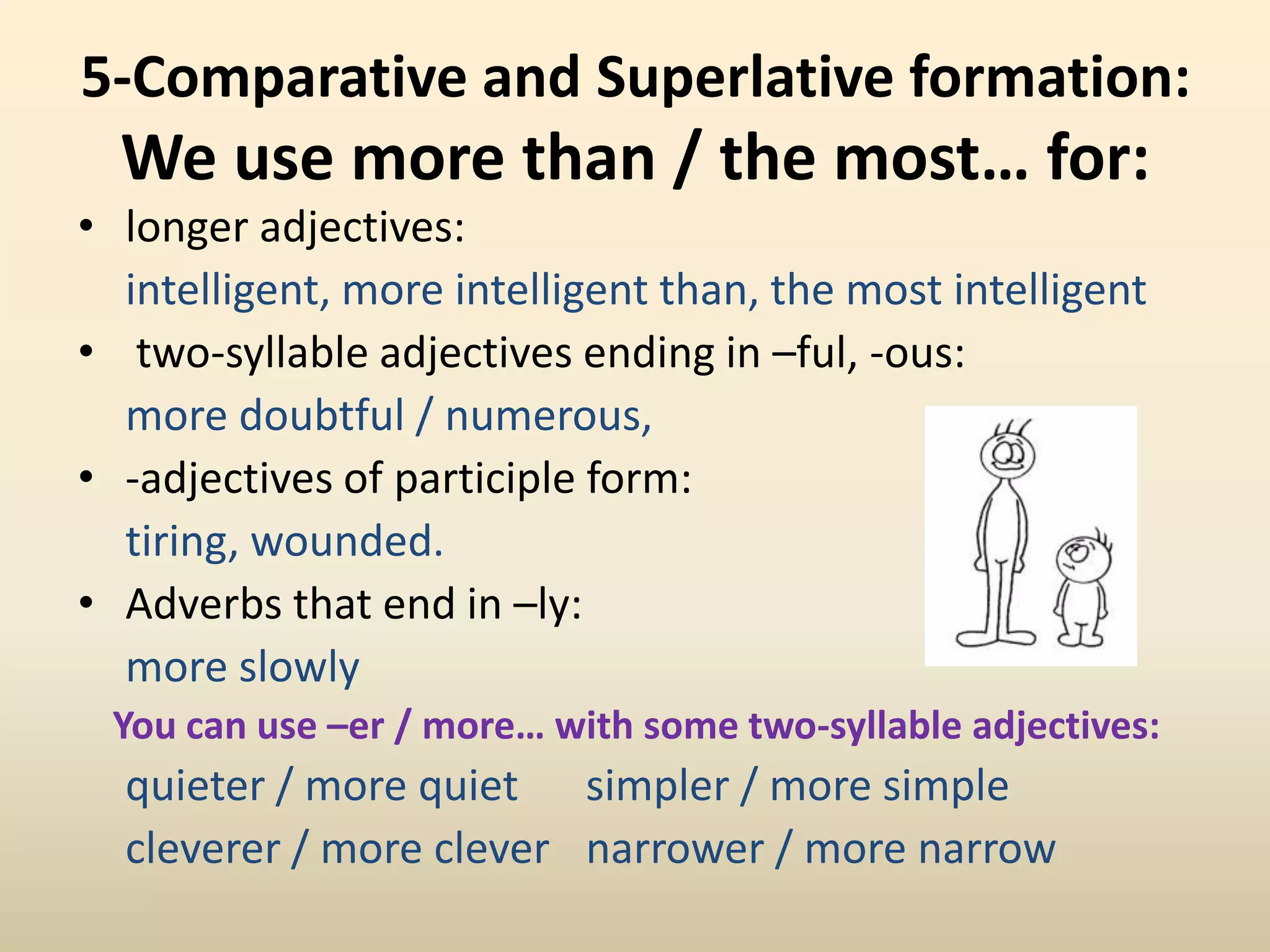longer adjectives: intelligent, more intelligent than, the most intelligent two-syllable adjectives ending in –ful, -ous: more doubtful / numerous, -adjectives of participle form:tiring, wounded.Adverbs that end in –ly:more slowlyYou can use –er / more… with some two-syllable adjectives: quieter / more quiet	simpler / more simplecleverer / more clever	narrower / more narrow5-Comparative and Superlative formation:We use more than / the most… for: