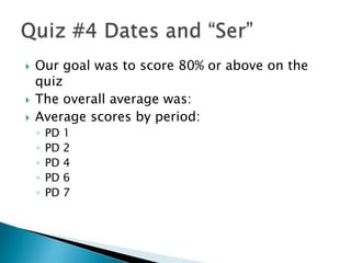    Our goal was to score 80% or above on the
    quiz
   The overall average was:
   Average scores by period:
    ◦   PD   1
    ◦   PD   2
    ◦   PD   4
    ◦   PD   6
    ◦   PD   7
 