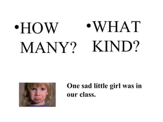 •HOW   •WHAT
 MANY? KIND?

     One sad little girl was in
     our class.
 
