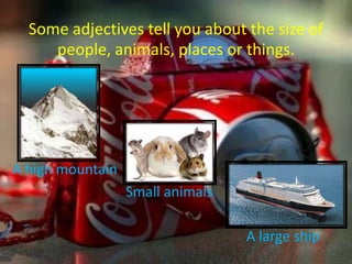 Some adjectives tell you about the size of
people, animals, places or things.
A high mountain
Small animals
A large ship
 