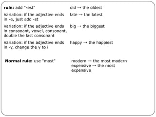 rule: add "-est"

old → the oldest

Variation: if the adjective ends
in -e, just add -st

late → the latest

Variation: if the adjective ends
big → the biggest
in consonant, vowel, consonant,
double the last consonant
Variation: if the adjective ends
in -y, change the y to i
Normal rule: use "most"

happy → the happiest

modern → the most modern
expensive → the most
expensive

 
