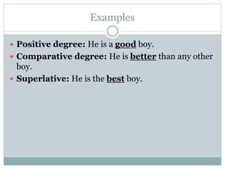 Examples
 Positive degree: He is a good boy.
 Comparative degree: He is better than any other
boy.
 Superlative: He is the best boy.
 