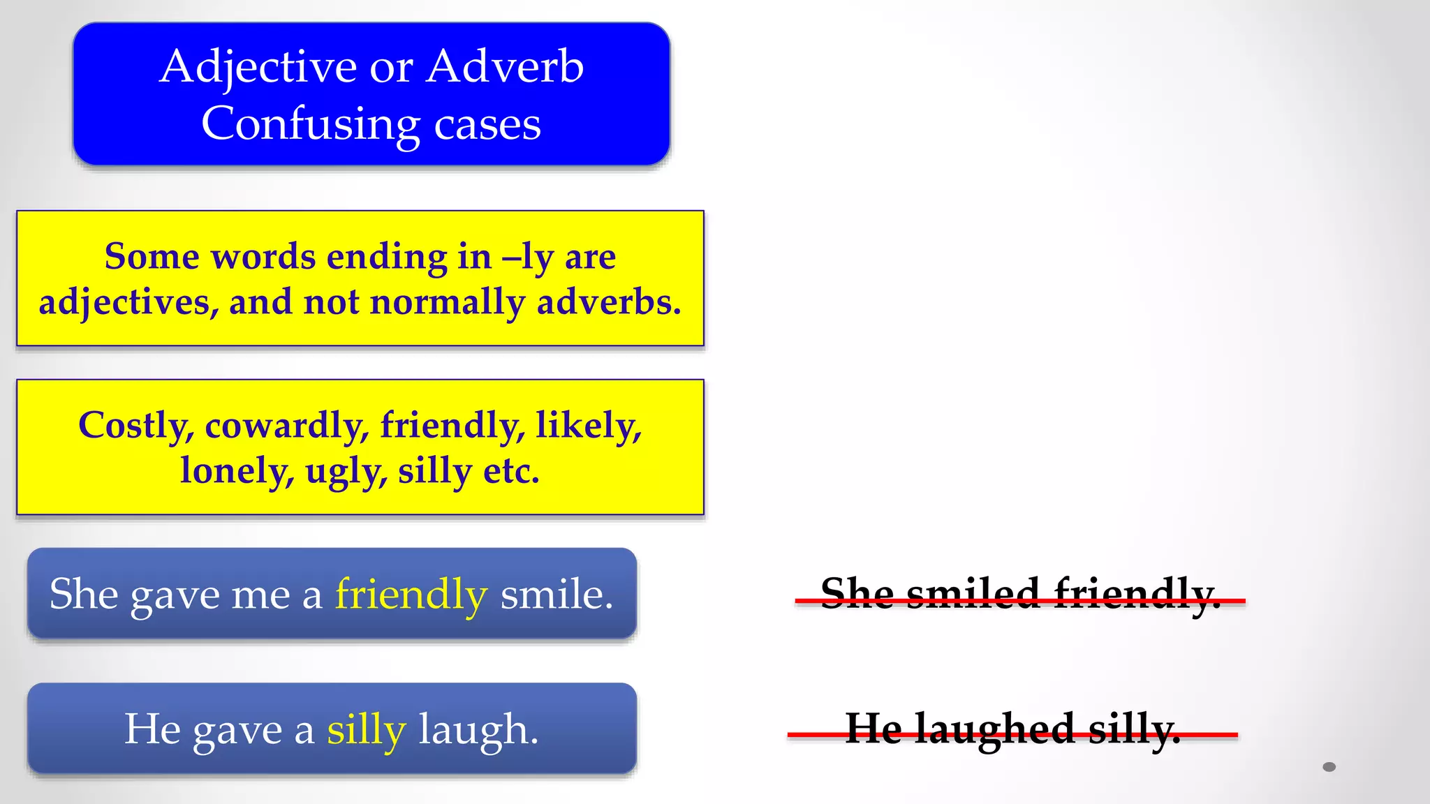 Adjective or Adverb
Confusing cases
Some words ending in –ly are
adjectives, and not normally adverbs.
Costly, cowardly, friendly, likely,
lonely, ugly, silly etc.
She gave me a friendly smile.
He gave a silly laugh.
She smiled friendly.
He laughed silly.
 