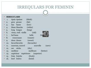 IRREQULARS FOR FEMININ
 IRREGULARS
 1. épais épaisse (thick)
 2. gros grosse (fat)
 3. bas basse (low)
 4. blanc blanche (white)
 5. long longue (long)
 6. vieux, vieil vieille (old)
 7. bel beau belle (beautiful)
 8. rouxrousse (russet)
 9. doux douce (sweet)
 10. favorifavorite (favourite)
 11. nouveau, nouvel nouvelle (new)
 12. sec sèche (dry)
 13. meilleur meilleure (better)
 14. supérieur supérieure (superior)
 15. frais fraîche (fresh)
 16. bref briève (brief)
 