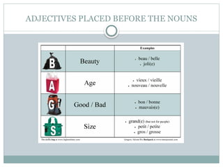 ADJECTIVES PLACED BEFORE THE NOUNS
 