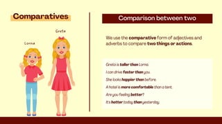 Comparison between two
We use the comparative form of adjectives and
adverbs to compare two things or actions.
Comparatives
A hotel is more comfortable than a tent.
Are you feeling better?
It's hotter today than yesterday.
Greta is taller than Lorna.
I can drive faster than you.
She looks happier than before.
Greta
Lorna
 