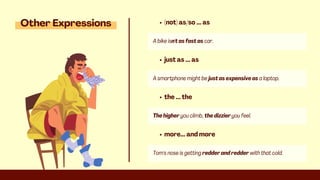 A bike isn't as fast as car.
(not) as/so ... as
A smartphone might be just as expensive as a laptop.
just as ... as
The higher you climb, the dizzier you feel.
the ... the
Tom's nose is getting redder and redder with that cold.
more... and more
Other Expressions
 