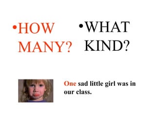 •HOW
MANY?
•WHAT
KIND?
One sad little girl was in
our class.
One sad little girl was in
our class.
 
