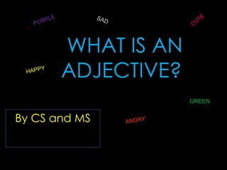 WHAT IS AN ADJECTIVE? By CS and MS MAD SAD ANGRY HAPPY GREEN CUTE PURPLE 