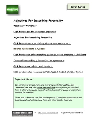 adjectives for describing personality esl vocabulary worksheet secured