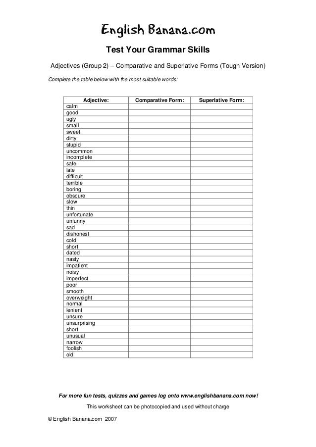 adjectives group 2 comparative and superlative forms tough version photocopy adjective form