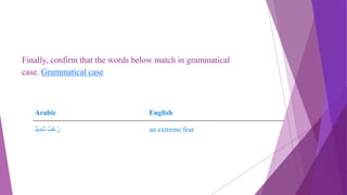Finally, confirm that the words below match in grammatical
case. Grammatical case
Arabic English
ٌ‫د‬ْ‫ي‬ِ‫د‬َ‫ش‬ ٌ‫ْب‬‫ع‬ُ‫ر‬ an extreme fear
 