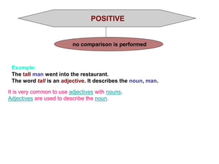 POSITIVE

no comparison is performed

Example:
The tall man went into the restaurant.
The word tall is an adjective. It describes the noun, man.
It is very common to use adjectives with nouns.
Adjectives are used to describe the noun.

 