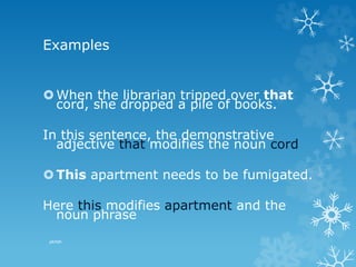 Examples
When the librarian tripped over that
cord, she dropped a pile of books.
In this sentence, the demonstrative
adjective that modifies the noun cord
This apartment needs to be fumigated.
Here this modifies apartment and the
noun phrase
pkrish
 