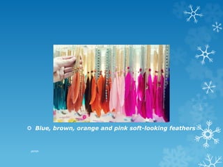  Blue, brown, orange and pink soft-looking feathers
pkrish
 
