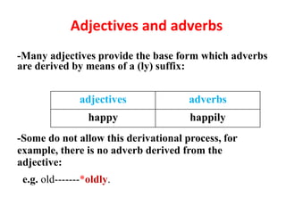 Adjectives and adverbs
-Many adjectives provide the base form which adverbs
are derived by means of a (ly) suffix:
-Some do not allow this derivational process, for
example, there is no adverb derived from the
adjective:
e.g. old-------*oldly.
adverbs
adjectives
happily
happy
 