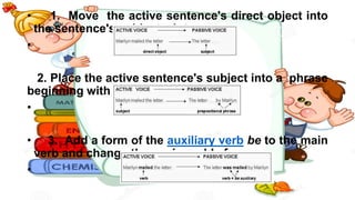 • 1. Move the active sentence's direct object into
the sentence's subject slot
•
2. Place the active sentence's subject into a phrase
beginning with the preposition by
•
• 3. Add a form of the auxiliary verb be to the main
verb and change the main verb's form
•
 