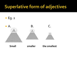 Superlative form of adjectivesEg. 2A.			     B.		        C. 	Small                    smallerthesmallest