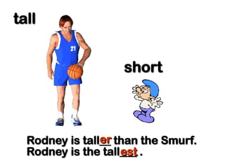 tall
tall
short
short
Rodney is tall__ than the Smurf.
Rodney is tall__ than the Smurf.
er
er
Rodney is the tall___ .
Rodney is the tall___ .
est
est
 