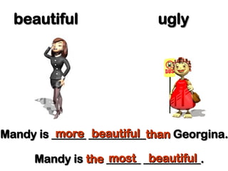 beautiful
beautiful ugly
ugly
Mandy is ______ __________
Mandy is ______ __________than
than Georgina.
Georgina.
more
more beautiful
beautiful
Mandy is
Mandy is the
the ______ __________.
______ __________.
most
most beautiful
beautiful
 
