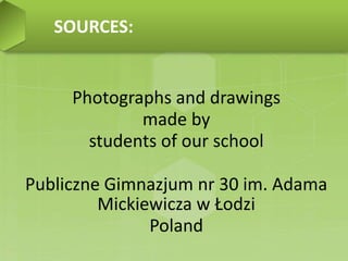 SOURCES:
Photographs and drawings
made by
students of our school
Publiczne Gimnazjum nr 30 im. Adama
Mickiewicza w Łodzi
Poland
 