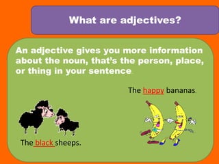 What are adjectives?An adjective gives you more information about the noun, thats the person, place, or thing in your sentence.The happy bananas.The black sheeps. 