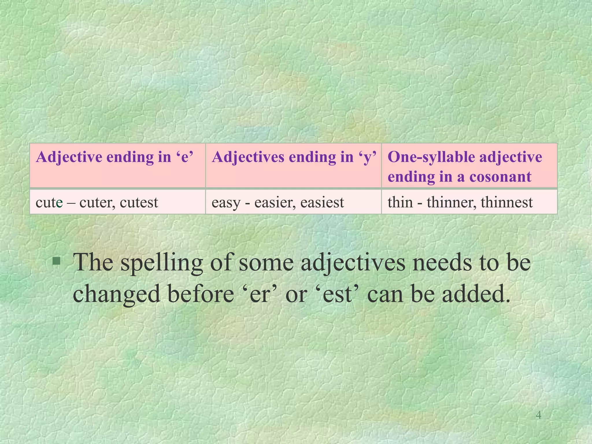  The spelling of some adjectives needs to be
changed before ‘er’ or ‘est’ can be added.
4
Adjective ending in ‘e’ Adjectives ending in ‘y’ One-syllable adjective
ending in a cosonant
cute – cuter, cutest easy - easier, easiest thin - thinner, thinnest
 