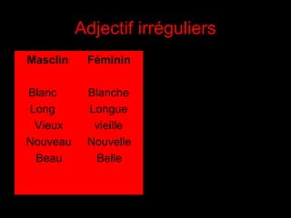 Adjectif irréguliers
Masclin    Féminin

Blanc      Blanche
Long       Longue
 Vieux      vieille
Nouveau    Nouvelle
 Beau       Belle
 