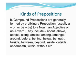 Kinds of Prepositions
b. Compound Prepositions are generally
formed by prefixing a Preposition (usually a
= on or be = by) to a Noun, an Adjective or
an Adverb. They include – about, above,
across, along, amidst, among, amongst,
around, before, behind, below, beneath,
beside, between, beyond, inside, outside,
underneath, within, without etc.
 