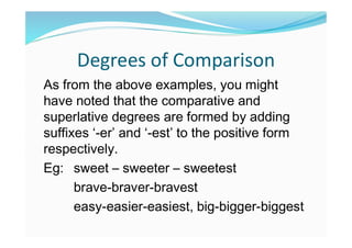 Degrees of Comparison
As from the above examples, you might
have noted that the comparative and
superlative degrees are formed by adding
suffixes ‘-er’ and ‘-est’ to the positive form
respectively.
Eg: sweet – sweeter – sweetest
brave-braver-bravest
easy-easier-easiest, big-bigger-biggest
 