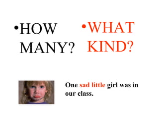 ?HOW
MANY?
?WHAT
KIND?
One sad little girl was in
our class.
One sad little girl was in
our class.
 