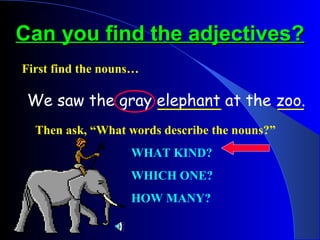 Can you find the adjectives?
First find the nouns…

 We saw the gray elephant at the zoo.
  Then ask, “What words describe the nouns?”
                   WHAT KIND?
                   WHICH ONE?
                   HOW MANY?
 
