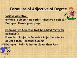 Formulas of Adjective of Degree
Positive Adjective :
Formula : Subject + Be verb + Adjective + object.
Example : Ram is good player.
Comparative Adjective (will be added “er” with
adjective ):
Formula : Subject + Be verb + Adjective + (er) +
object + than + another Subject
Example : Rohit is better player than Ram .
 