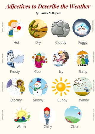 Adjectives to Describe the Weather
Hot Dry Cloudy Foggy
Frosty Icy Rainy
Stormy Snowy Sunny Windy
Warm Chilly Clear
Cool
By: Hussain S. Al-ghawi
@tesol_teacher@tesol_teacher@tesol_teacher@tesol_teacher
+966566-473-430+966566-473-430+966566-473-430+966566-473-430
 