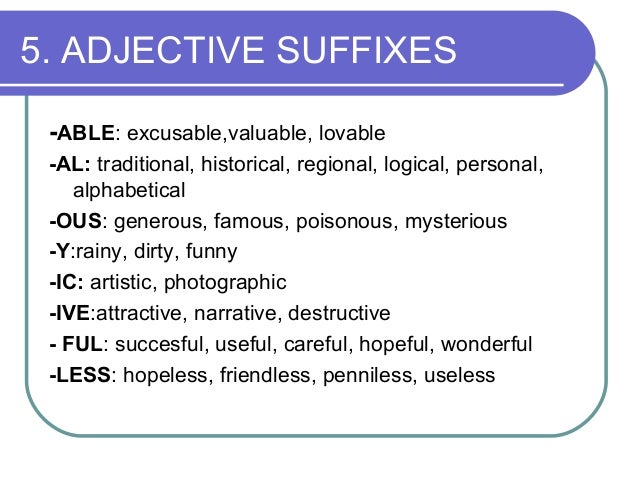 Forming adjectives. Suffixes ful and less. Derivational pattern. Adjective forming suffixes