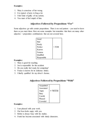 Examples:
1. Mary is conscious of her wrong.
2. It is typical of jerry to brag a lot.
3. I feel kind of guilty of my actions.
4. You must of feel stupid of him.
Adjectives Followed by Prepositions “For”
Some adjectives go with certain prepositions. There is no real pattern – you need to learn
them as you meet them. Here are some examples but remember that there are many other
adjective + preposition combinations that are not covered here.
Good
Bad
Ready
Perfect
Known
Famous
Qualified
Responsible
+ FOR
Examples:
1. Mary is good for teaching.
2. Joe is responsible for the accident.
3. Do you really feel ready for competing?
4. France is known for its delicious dishes.
5. I finally qualified for my driver’s license.
Adjectives Followed by Prepositions “With”
Acquainted
Associated
Angry
Busy
Careful
Pleased
Crowded
+ WITH
Examples:
1. I am pleased with your work.
2. Our boss looks angry with you.
3. Robin is always busy with his studies.
4. Frank has become associated with shady characters.
 