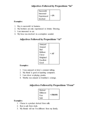 Adjectives Followed by Prepositions “In”
Successful
Interested
Experienced
Involved
+ IN
Examples:
1. Roy is successful in business.
2. My brothers are only experienced in Artistic Drawing.
3. I am interested in car.
4. My boss was involved in a corruption scandal.
Adjectives Followed by Prepositions “At”
Annoyed
Amazed
Bad
Brilliant
Clever
Delighted
Excellent
Good
+ AT
Examples:
1. I was annoyed at Jerry´s constant talking.
2. My friend is good at repairing computers.
3. I am clever at playing pranks.
4. Martha was amazed at Jonathan´s courage.
Adjectives Followed by Prepositions “From”
Derived
Different
Free
Safe
+ FROM
Examples:
1. Cheese is a product derived from milk.
2. Ron is safe from rivals.
3. My friends tell me I’m different from my family.
 
