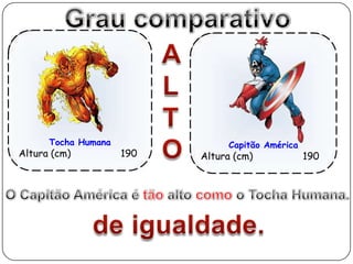 Grau comparativoTocha HumanaAltura(cm)                 190CapitãoAméricaAltura(cm)                 190ALTOO Capitão América é tão alto comoo Tocha Humana.de igualdade.