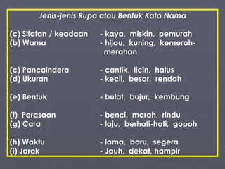 Jenis-jenis Rupa atau Bentuk Kata Nama Sifatan / keadaan - kaya,  miskin,  pemurah (b) Warna - hijau,  kuning,  kemerah-   merahan (c) Pancaindera - cantik,  licin,  halus (d) Ukuran - kecil,  besar,  rendah (e) Bentuk - bulat,  bujur,  kembung (f)  Perasaan - benci,  marah,  rindu (g) Cara - laju,  berhati-hati,  gopoh (h) Waktu - lama,  baru,  segera (i) Jarak - Jauh,  dekat, hampir 