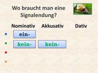 Nominativ Akkusativ Dativ
●
●
●
●
ein-
Wo braucht man eine
Signalendung?
kein- kein-
 