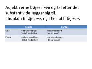 Adjektiverne bøjes i køn og tal efter det substantiv de lægger sig til. I hunkøn tilføjes –e, og i flertal tilføjes -s