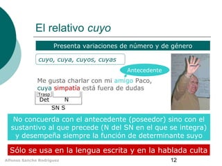 El relativo cuyo
Presenta variaciones de número y de género
cuyo, cuya, cuyos, cuyas
Antecedente

Me gusta charlar con mi amigo Paco,
cuya simpatía está fuera de dudas
Trasp

Det

N
SN S

No concuerda con el antecedente (poseedor) sino con el
sustantivo al que precede (N del SN en el que se integra)
y desempeña siempre la función de determinante suyo

Sólo se usa en la lengua escrita y en la hablada culta
Alfonso Sancho Rodríguez

12

 