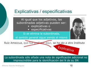 Explicativas / especificativas
Al igual que los adjetivos, las
subordinadas adjetivas pueden ser:
• explicativas o
• especificativas
Si se elimina la subordinada,
el sentido general sigue siendo el mismo
Amezcua,
Ruiz Amezcua que fue profesor aquí, se ha ido a otro Instituto

Expli
ca

tiva

La subordinada sólo añade una nota de significación adicional no
imprescindible para la identificación del N de su SN
Alfonso Sancho Rodríguez

15

 