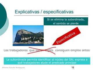 Explicativas / especificativas
Si se elimina la subordinada,
el sentido se pierde

e
sp
E

ific
c

iva
at

Los trabajadores que saben inglés consiguen empleo antes
La subordinada permite identificar al núcleo del SN; expresa a
qué trabajadores alude el predicado principal
Alfonso Sancho Rodríguez

16

 