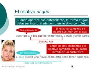 El relativo el que
Cuando aparece con antecedente, la forma el que
debe ser interpretada como un relativo complejo
El relativo complejo se
puede sustituir por el cual

Con antecedente

Esos tipos, a los que no comprendo, tienen gustos raros
Sub Adj Ady

Sin antecedente

Entre los dos elementos del
relativo complejo no se puede
introducir un sustantivo

El que quiera una novia como ésta debe tener paciencia
Sub Adj sustantivada S
Alfonso Sancho Rodríguez

9

 