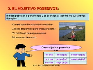 2. EL ADJETIVO POSESIVOS: Indican posesión o pertenencia y se escriben al lado de los sustantivos. Ejemplos: Con  mi  padre he aprendido a cosechar. ¿Tengo  su  permiso para empezar ahora? Yo mantengo  mis  aguas quietas. Mira otra vez  tu  campo. Otros adjetivos posesivos son: suyo (a) (s) su - sus vuestro (a) (s) tuyo (a) (s)  tu – tus nuestro (a) (s) mío (a) (s) mi -mis 
