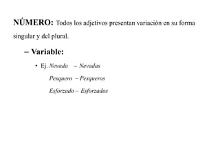 NÚMERO: Todos los adjetivos presentan variación en su forma
singular y del plural.
– Variable:
• Ej. Nevada – Nevadas
Pesquero – Pesqueros
Esforzado – Esforzados
 