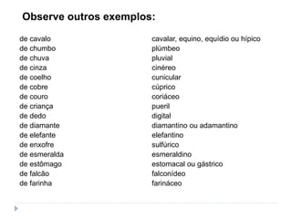 Observe outros exemplos:
de cavalo cavalar, equino, equídio ou hípico
de chumbo plúmbeo
de chuva pluvial
de cinza cinéreo
de coelho cunicular
de cobre cúprico
de couro coriáceo
de criança pueril
de dedo digital
de diamante diamantino ou adamantino
de elefante elefantino
de enxofre sulfúrico
de esmeralda esmeraldino
de estômago estomacal ou gástrico
de falcão falconídeo
de farinha farináceo
 