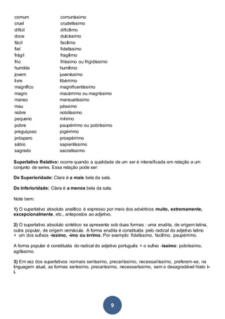 9
comum comuníssimo
cruel crudelíssimo
difícil dificílimo
doce dulcíssimo
fácil facílimo
fiel fidelíssimo
frágil fragílimo
frio friíssimo ou frigidíssimo
humilde humílimo
jovem juveníssimo
livre libérrimo
magnífico magnificentíssimo
magro macérrimo ou magríssimo
manso mansuetíssimo
mau péssimo
nobre nobilíssimo
pequeno mínimo
pobre paupérrimo ou pobríssimo
preguiçoso pigérrimo
próspero prospérrimo
sábio sapientíssimo
sagrado sacratíssimo
Superlativo Relativo: ocorre quando a qualidade de um ser é intensificada em relação a um
conjunto de seres. Essa relação pode ser:
De Superioridade: Clara é a mais bela da sala.
De Inferioridade: Clara é a menos bela da sala.
Note bem:
1) O superlativo absoluto analítico é expresso por meio dos advérbios muito, extremamente,
excepcionalmente, etc., antepostos ao adjetivo.
2) O superlativo absoluto sintético se apresenta sob duas formas : uma erudita, de origem latina,
outra popular, de origem vernácula. A forma erudita é constituída pelo radical do adjetivo latino
+ um dos sufixos -íssimo, -imo ou érrimo. Por exemplo: fidelíssimo, facílimo, paupérrimo.
A forma popular é constituída do radical do adjetivo português + o sufixo -íssimo: pobríssimo,
agilíssimo.
3) Em vez dos superlativos normais seriíssimo, precariíssimo, necessariíssimo, preferem-se, na
linguagem atual, as formas seríssimo, precaríssimo, necessaríssimo, sem o desagradável hiato i-
í.
 
