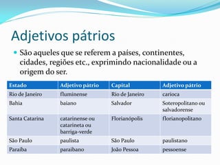 Adjetivos pátrios
 São aqueles que se referem a países, continentes,
cidades, regiões etc., exprimindo nacionalidade ou a
origem do ser.
Estado Adjetivo pátrio Capital Adjetivo pátrio
Rio de Janeiro fluminense Rio de Janeiro carioca
Bahia baiano Salvador Soteropolitano ou
salvadorense
Santa Catarina catarinense ou
catarineta ou
barriga-verde
Florianópolis florianopolitano
São Paulo paulista São Paulo paulistano
Paraíba paraibano João Pessoa pessoense
 